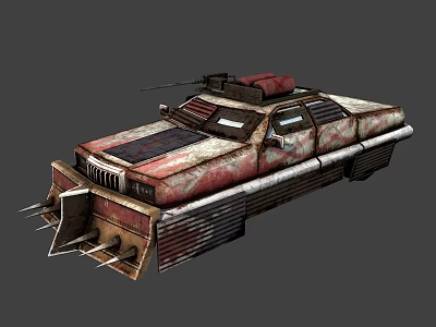 Armored Military Vehicle With Front Plow Roof Mounted Weapon And Rusted Exterior Design 3d model
