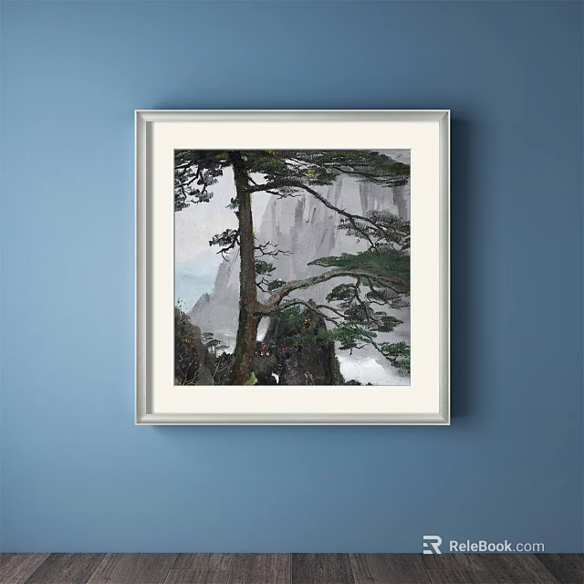 Traditional Chinese Landscape Painting With Pine Tree Mountain And Misty Clouds 3d model 