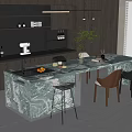 Modern Kitchen Interior With Marble Island Countertop LED Lighting Chairs And Appliances