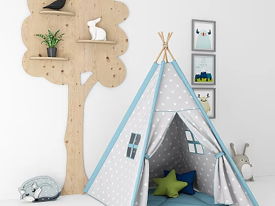 Kids Room Decor With Teepee Tent And Tree Shaped Shelf 3d model