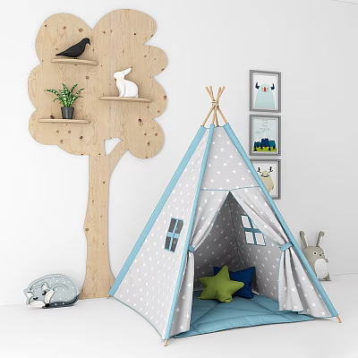 Kids Room Decor With Teepee Tent And Tree Shaped Shelf 3d model