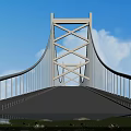 White Cable Stayed Bridge With Crossed Design Blue Sky White Clouds Water Below Grass Flowers