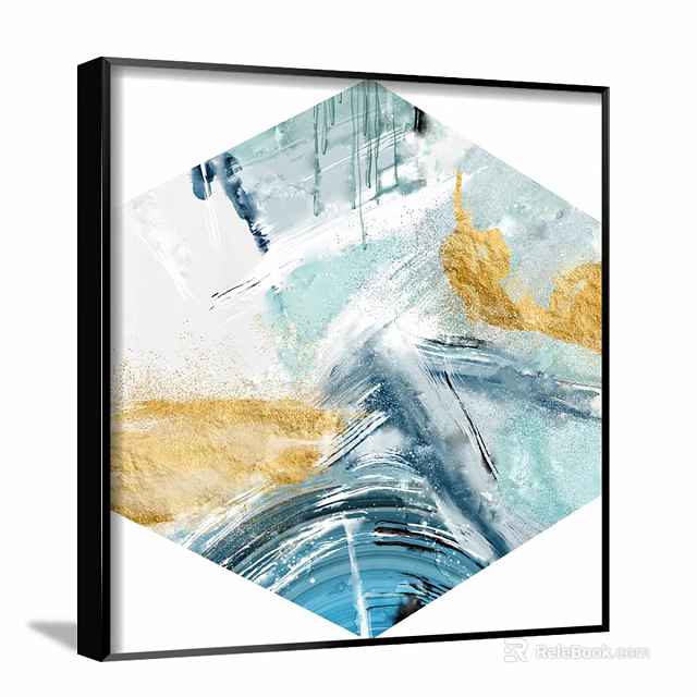 Modern Abstract Painting With Blue Gold Brushstrokes And Flowing Lines On Canvas 3d model 