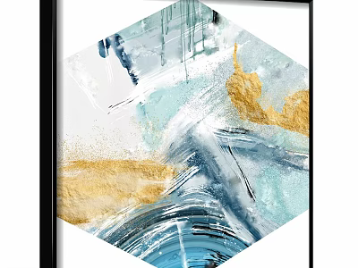 Modern Abstract Painting With Blue Gold Brushstrokes And Flowing Lines On Canvas 3d model