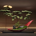 Interior Landscape With Red Curved Structure Green Moss Small Pine Black Stone And Wooden Walls 3d model