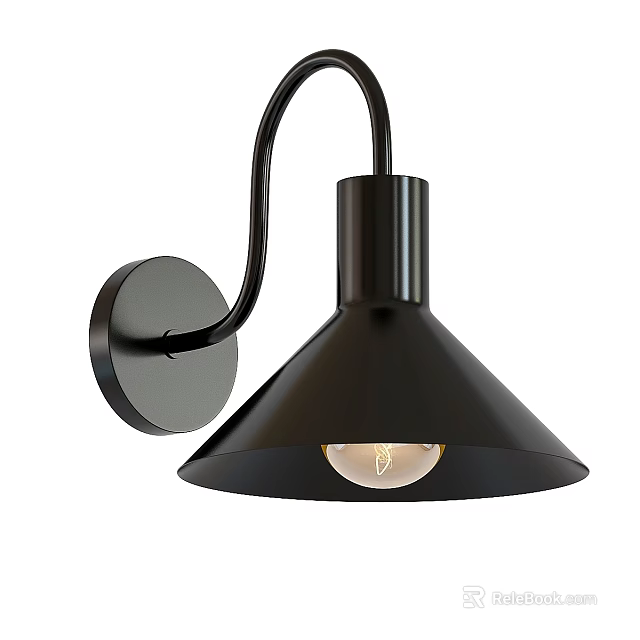 Modern Black Wall Light with Curved Arm Conical Shade and Exposed Bulb 3d model 