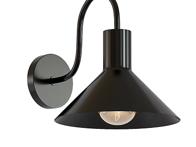 Modern Black Wall Light with Curved Arm Conical Shade and Exposed Bulb 3d model