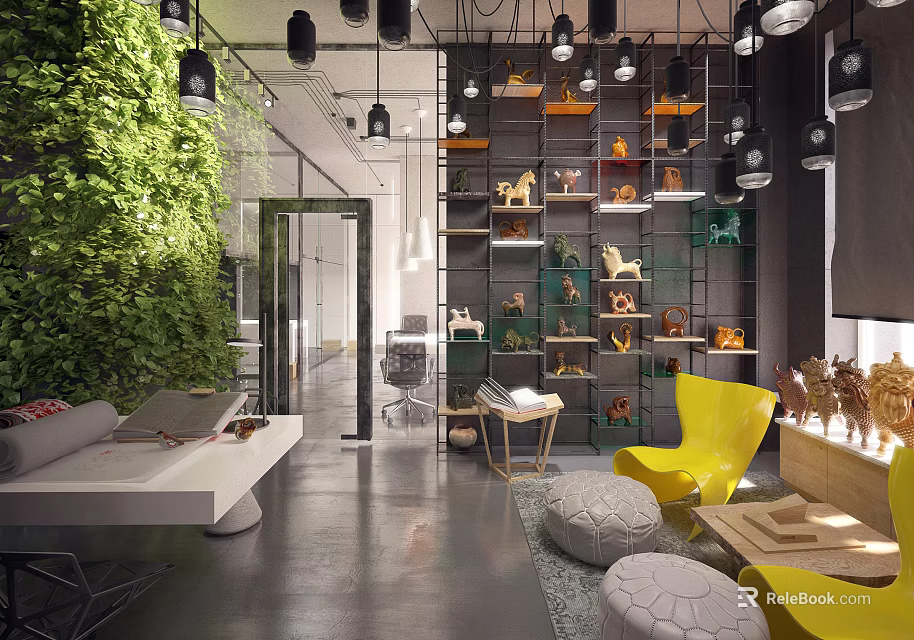 Modern Showroom Interior With Green Plant Wall Multi tiered Display Shelves Yellow Chairs And Decorative Items 3d model 