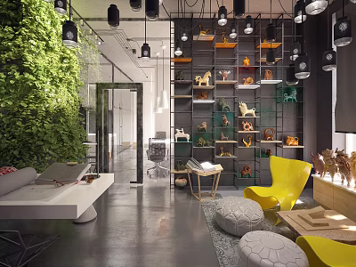 Modern Showroom Interior With Green Plant Wall Multi tiered Display Shelves Yellow Chairs And Decorative Items 3d model