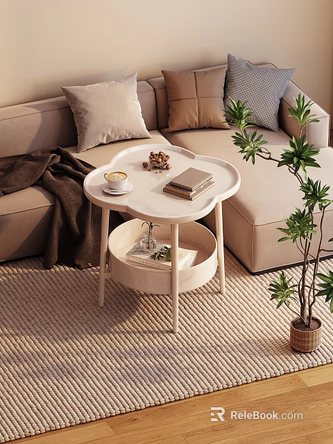 White Two Tier Side Table With Coffee Cup Snacks Books And Magazines By Beige Sofa 3d model 