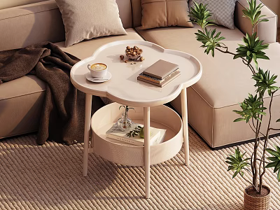 White Two Tier Side Table With Coffee Cup Snacks Books And Magazines By Beige Sofa 3d model