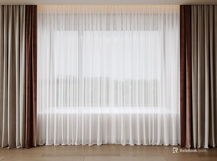Sheer White Curtains With Brown And Beige Heavy Panels In Modern Interior Window Design 3d model 
