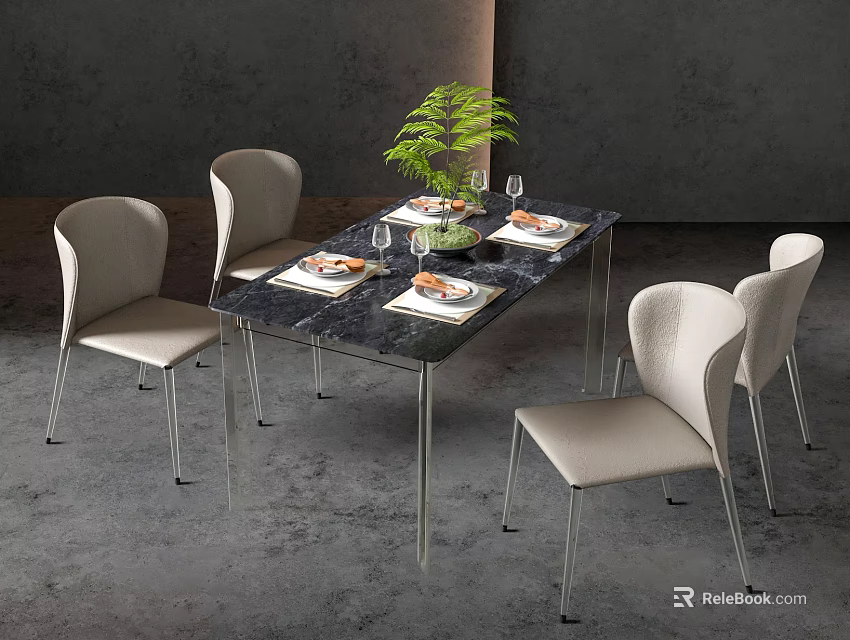 Modern Dining Table And Chairs With Marble Top Light Colored Seats Metal Legs And Table Plants 3d model 