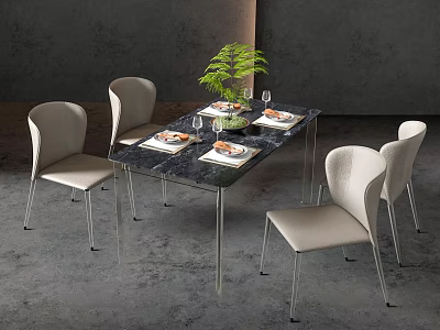 Modern Dining Table And Chairs With Marble Top Light Colored Seats Metal Legs And Table Plants 3d model