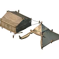 Two Vintage Canvas Tents Featuring Decorative Patterns Support Frames And Ropes For Outdoor Use