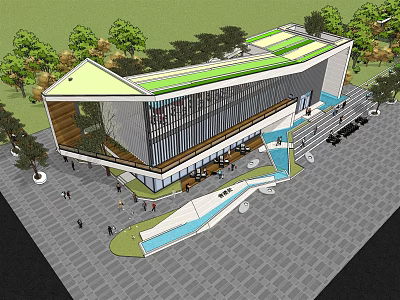 Modern Sales Office Building With Green Roof Glass Facade And Landscaping Trees 3d model