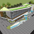 Modern Sales Office Building With Green Roof Glass Facade And Landscaping Trees