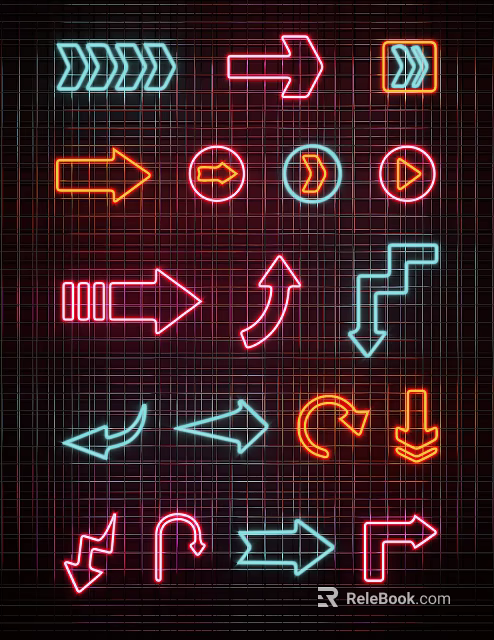 Vibrant Colorful Neon Arrow Decorative Lights in Various Shapes on Dark Grid Background 3d model 