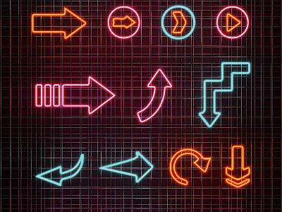 Vibrant Colorful Neon Arrow Decorative Lights in Various Shapes on Dark Grid Background 3d model