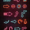 Vibrant Colorful Neon Arrow Decorative Lights in Various Shapes on Dark Grid Background