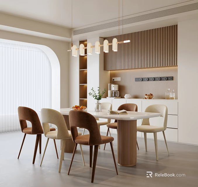 Modern Restaurant Interior Design With Dining Table Chairs Pendant Lights Open Kitchen And Wooden Elements 3d model 
