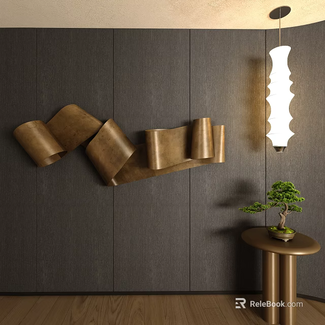 Modern Wavy Metallic Wall Decor With Copper Accent Wall Light And Bonsai Plant 3d model 