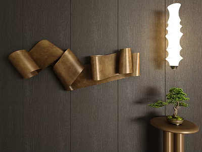 Modern Wavy Metallic Wall Decor With Copper Accent Wall Light And Bonsai Plant 3d model