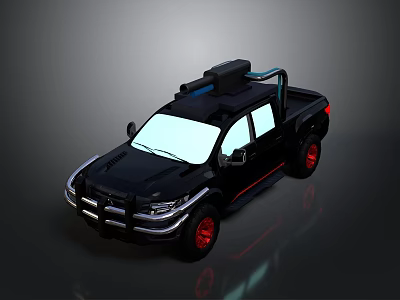 Black Military Pickup Truck With Red Wheels Roof Mounted Equipment And Front Bumper 3d model
