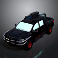 Black Military Pickup Truck With Red Wheels Roof Mounted Equipment And Front Bumper