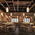 Traditional Chinese Restaurant With Hanging Lanterns Bamboo Decor Menu Board And Fruit Food Displays