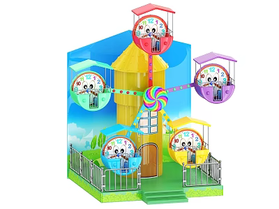 Colorful Ferris Wheel Amusement Equipment with Cartoon Characters in Cabins on Green Lawn and White Fence 3d model