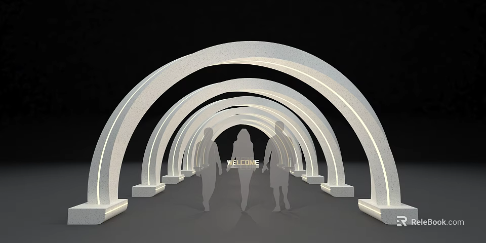 Illuminated Modern Activity Passageway With Archway Design And People Walking Through 3d model 