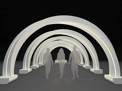 Illuminated Modern Activity Passageway With Archway Design And People Walking Through 3d model