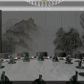 Elegant Private Dining Room Interior With Round Table Chandelier And Large Windows 3d model