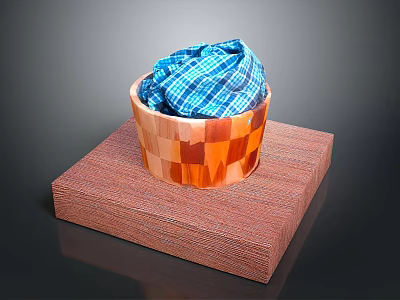 Home Decorative Woven Storage Basket With Blue Checkered Cloth On Brown Mat 3d model