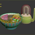 Blue Striped Ramen Bowl With Fried Egg Chashu Pork Vegetables And Green Container