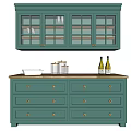 Green Kitchen Interior With Glass Door Cabinets Drawers And Gray Wall
