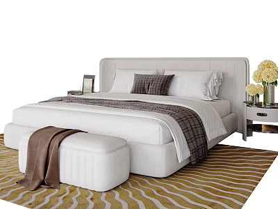 Modern Double Bed with Light Gray Headboard White Pillows Plaid Accents Nightstand and Striped Rug 3d model