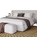 Modern Double Bed with Light Gray Headboard White Pillows Plaid Accents Nightstand and Striped Rug
