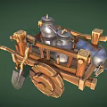Rustic Wooden Cart Displaying Metal Jugs and Shovel on Green Backdrop