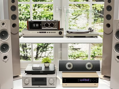 Home Audio Sound System With Turntable Amplifier Speakers On Shelf By Window 3d model