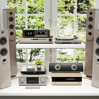 Home Audio Sound System With Turntable Amplifier Speakers On Shelf By Window 3d model