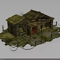 Rustic Wooden Cabin With Thatched Roof Wooden Platform Railing And Red Door