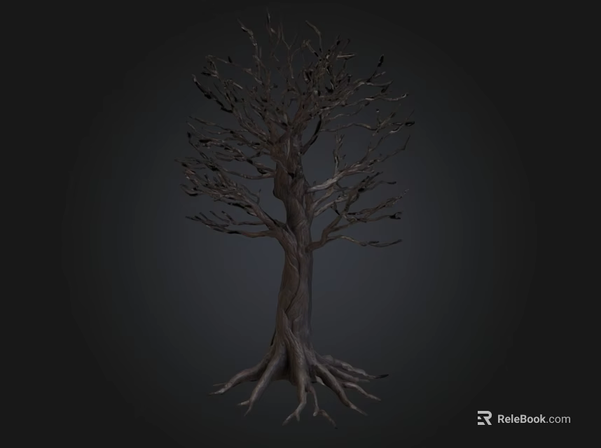 Leafless Tree with Twisted Trunk and Exposed Roots Against Dark Background 3d model 