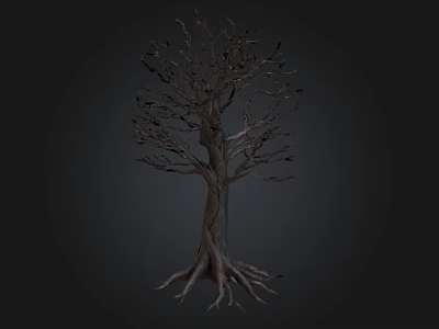 Leafless Tree with Twisted Trunk and Exposed Roots Against Dark Background 3d model