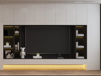 Modern TV Background Cabinet Design With Large Screen Storage Shelves And LED Strip Lighting 3d model