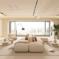 Modern Minimalist Living Room Interior With Beige Sofa Floor to Ceiling Windows and Green Plant
