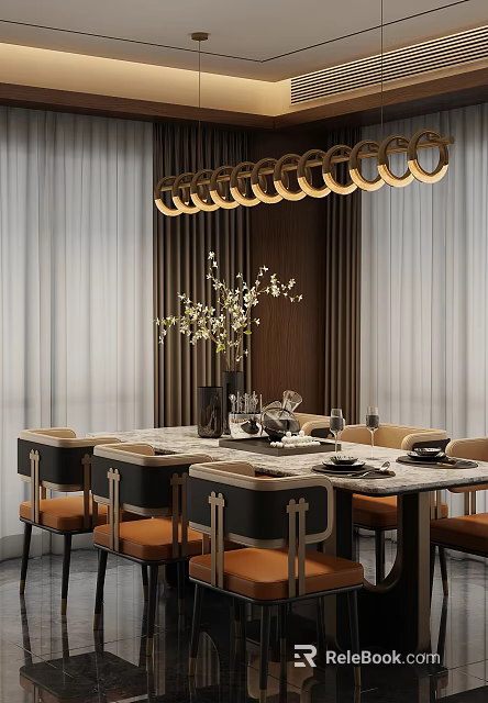 Elegant Modern Restaurant Dining Area With Golden Ring Chandelier Marble Table Chairs And Flower Vase 3d model 