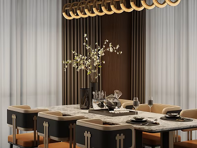 Elegant Modern Restaurant Dining Area With Golden Ring Chandelier Marble Table Chairs And Flower Vase 3d model