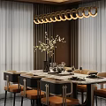 Elegant Modern Restaurant Dining Area With Golden Ring Chandelier Marble Table Chairs And Flower Vase